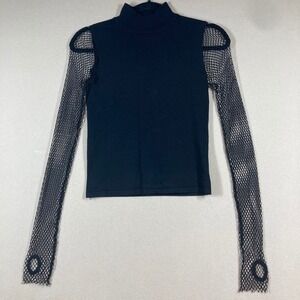 Zara Knit Top Small‎ Black Cropped Mock Neck Sheer Fishnet Sleeve Edgy Punk Goth